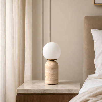Lampe de table moderne en travertin 12,4 po avec abat-jour en verre blanc, lampe de chevet E26 pour le salon de la chambre à coucher