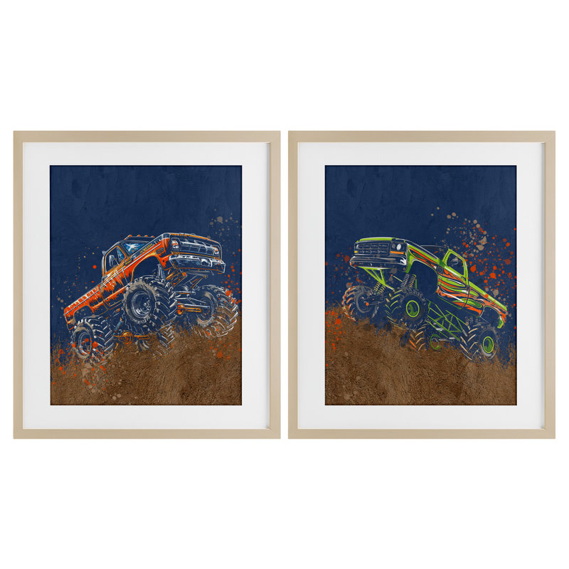 «Monster Truck Jam», ensemble de 2 impressions encadrées sous verre, design par Kim Allen, Cadre de récolte en pin