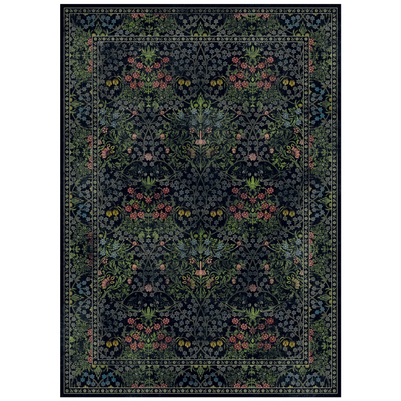 9'X12' Floral Black Green Distressed Retro Washable Rug, Rectangle 9' x 12'