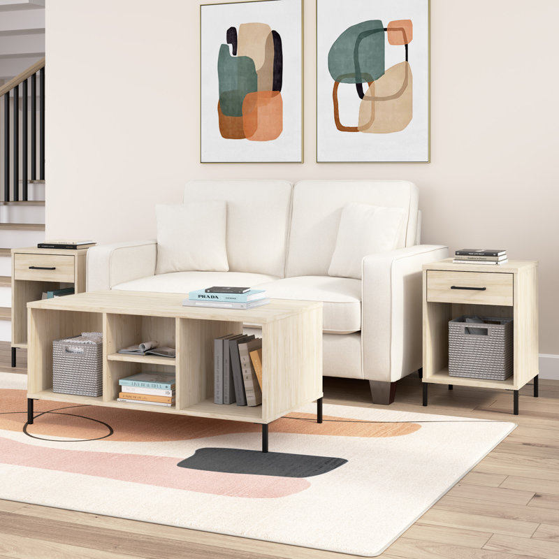 Sihi Coffee Table With End Tables, Set Of 3, Modern Tables, Shelves, Storage Solution, Natural Elm Finish, Living Room, Furniture