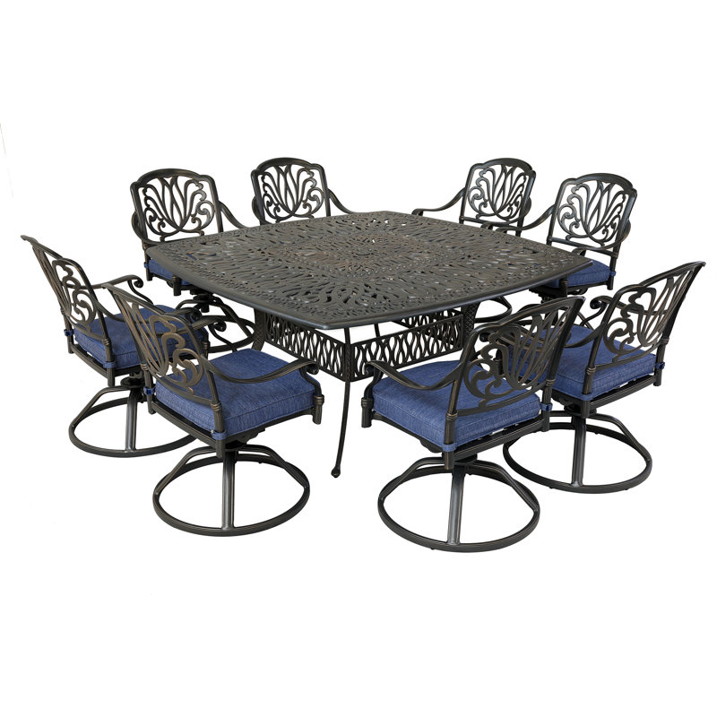 Ensemble de salle à manger en aluminium pour 8 personnes avec coussins Sunbrella Annecorinne, Bleu marine, Dessert Night
