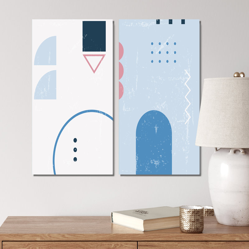 «Colorful Retro Geometrics in Blue and Pink I», ensemble de 2 impressions, Toile tendue, H 20 po x l 24 po x P 1 po