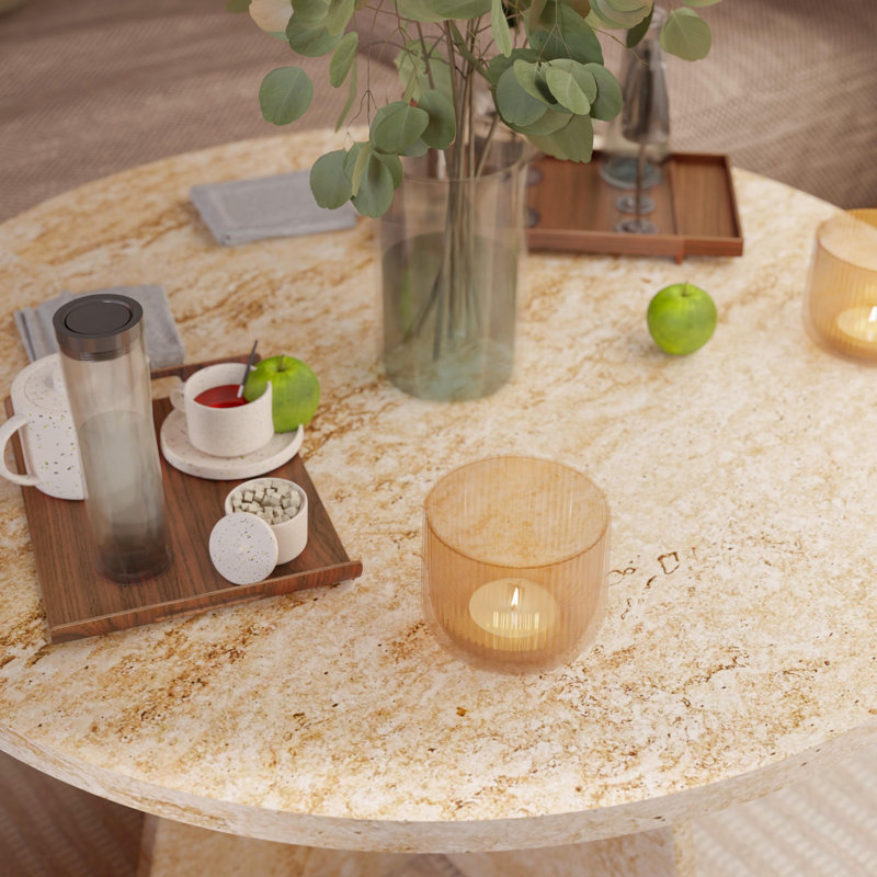 Travertine Look Round Coffee Table Small Modern End Table for Living Room, 16.5" H x 28.3" W x 28.3" D