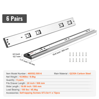 6 paires de glissières latérales de tiroir de 50,8 cm (20 po), capacité de charge de 45 kg (100 lb), rail en acier robuste à extension complète, glissières silencieuses à fermeture amortie pour armoires de cuisine avec roulement à billes