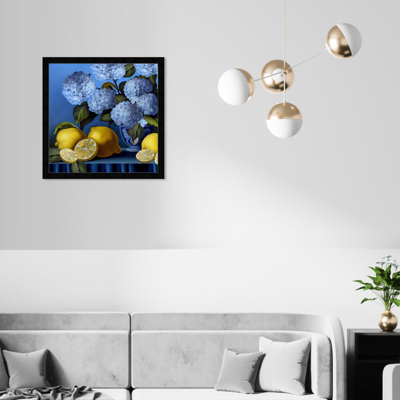 «Hydrangeas and Lemons Vase», cadre photo, Cadre noir, H 22 po x l 22 po