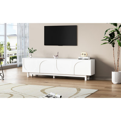 Meuble télé moderne avec portes arquées élégantes et options de rangement pratiques pour les portes de la console de divertissement de 78 po, pieds en bois massif, intérieur spacieux
