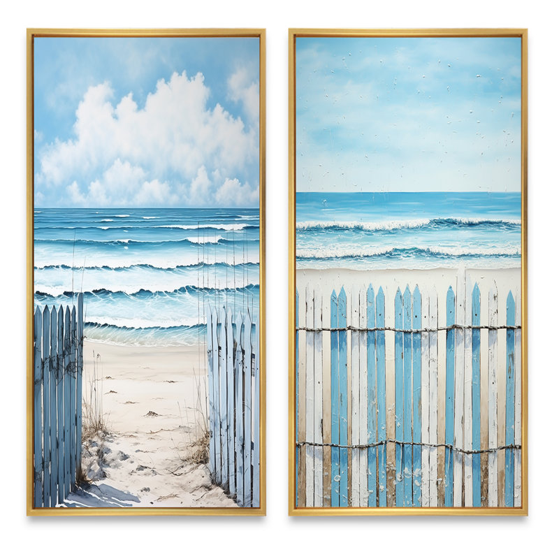 «Coastal Minimalisme Beach Fence», 2 pièces sur toile, Encadrement doré, H 40 po x l 40 po