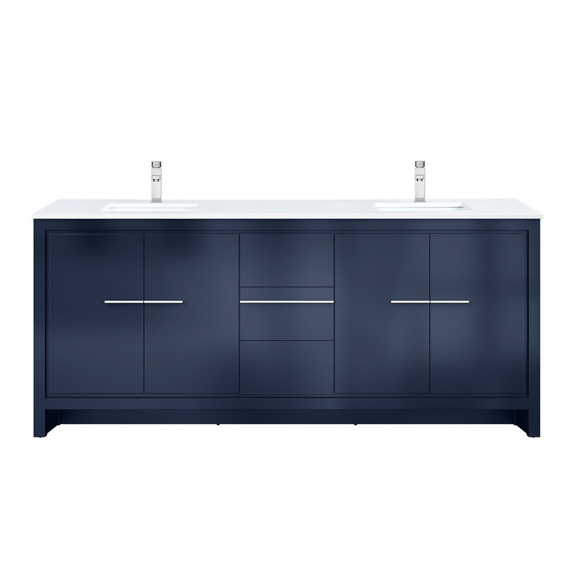 Meuble-lavabo double l 80 po x P 20 po bleu marine avec comptoir en quartz blanc et robinet - nombreuses options de rangement 20 salles de bain spacieuses