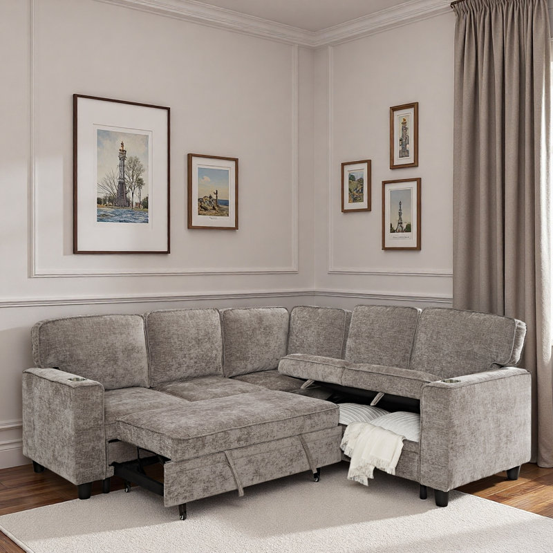 L-shaped Sectional Sofa With Storage Seat, Usb And Cup Holders, Light Brown Chenille