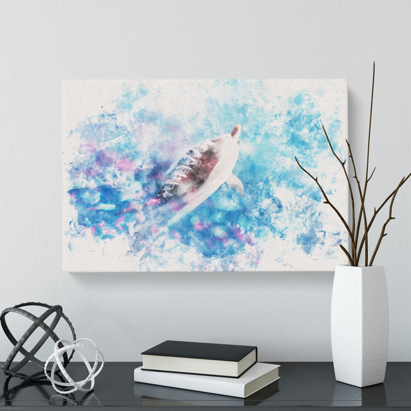 Swimming Dolphin Watercolour - Wrapped Canvas, 45cm H x 76cm W x 4cm D