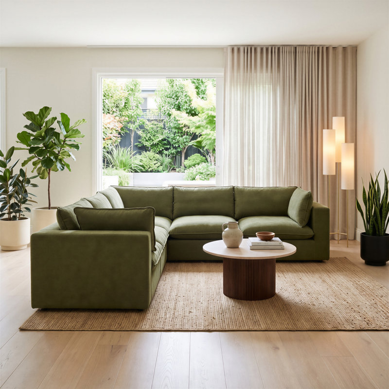Alexa Upholstered Linen-Look Fabric Modular Sofa - Cozy Modern Design, Green, 4 Seat Sofa