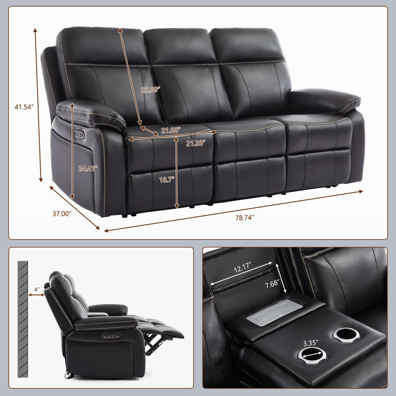 78.74 " Faux Leather Sofa Power Reclining, Black