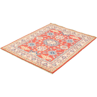 Tapis unique en laine noué à la main rouge Gazni des années 2010 de 4 pi 11 po x 6 pi 7 po Qaiden