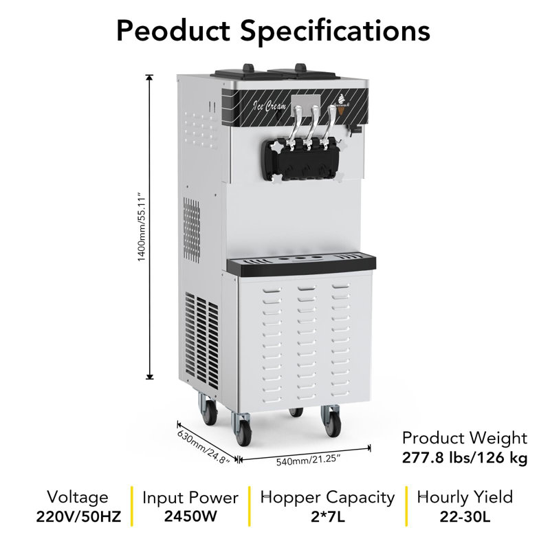 Commercial Ice Cream Maker Machine - 3 Flavours, Large Output Capacity