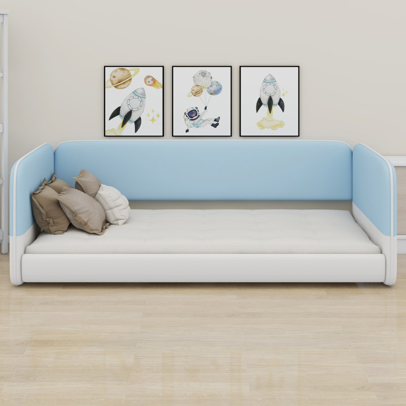 Lit robuste avec tête de lit et accoudoirs intégrés, Bleu