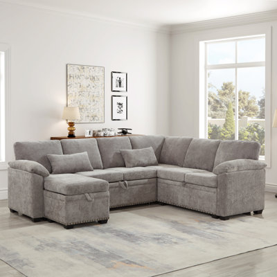 97 Inch L-Shaped Corner Sectional Sofa Couch With Seat And Storage Ottoman,Chenille Fabric Corner Couch With 7 Seats & 2 Pillows