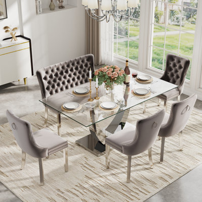 Table de salle à manger rectangulaire en verre trempé avec banc capitonné, table de salle à manger de luxe avec chaise capitonnée en velours pour salle à manger