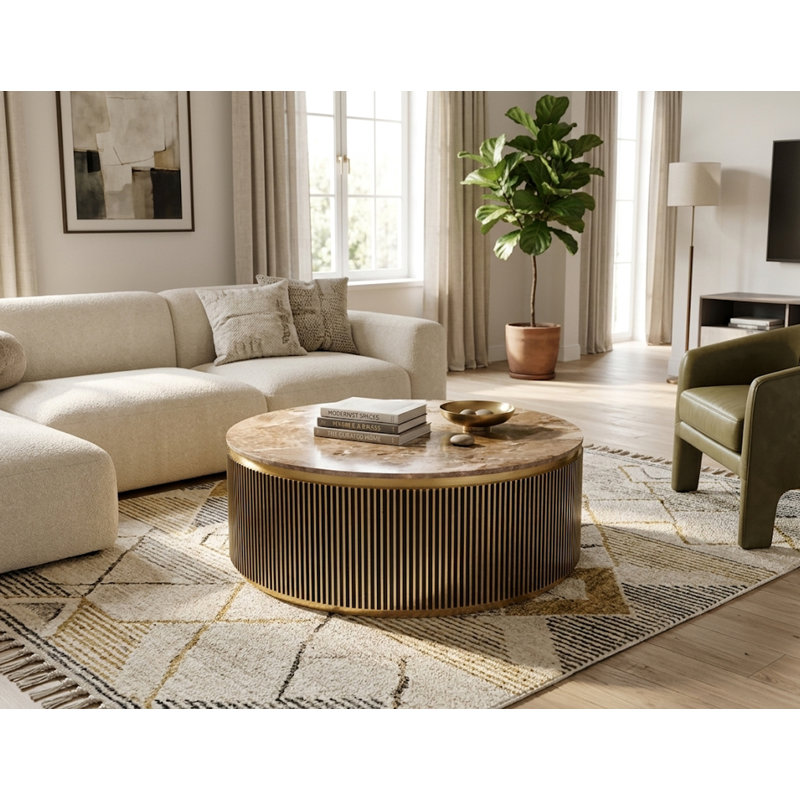 Table basse ronde en laiton avec plateau en marbre Italian, Italian