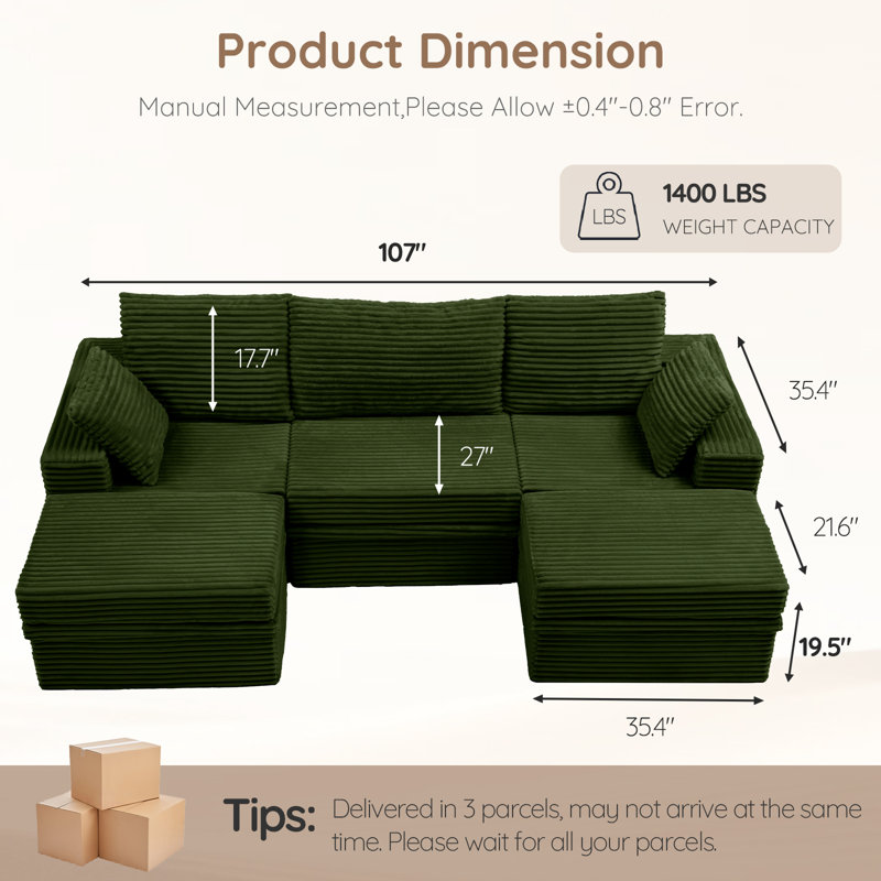 107" Corduroy U-Shaped Sectional Sofa with Storage, Modular Deep Seat Couch for Living Room, Green