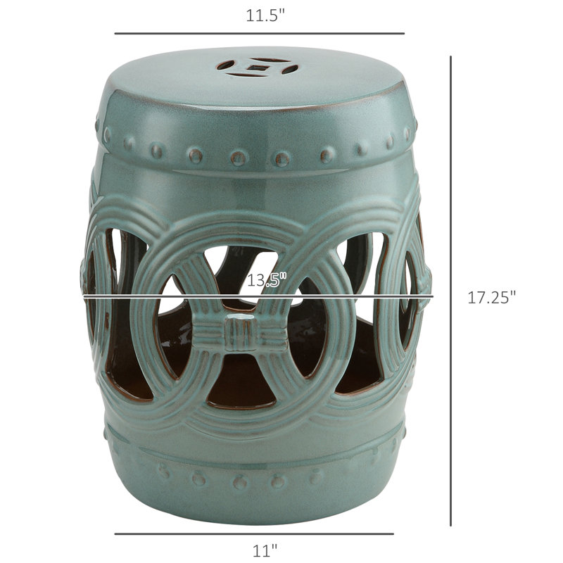 Antique Blue 14" x 17" Strong Glazed Material Ceramic Garden Stool, Double-Coin Knotted Ring Design