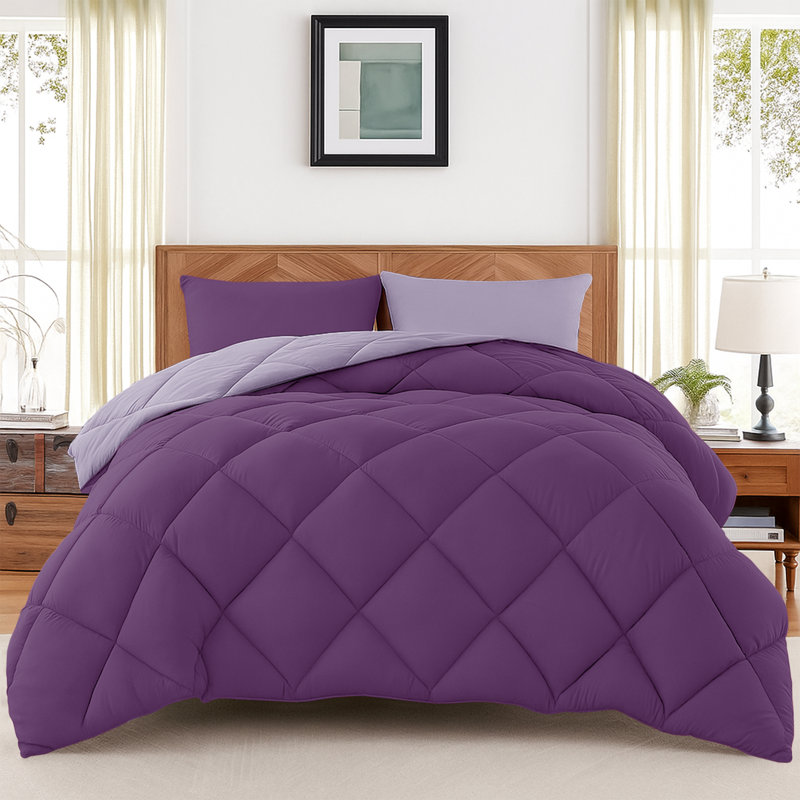 Down Alternative Microfiber Reversible Comforter Set - 3 Pcs All Season Diamond Pattern Comforter with Shams, Purple, Queen