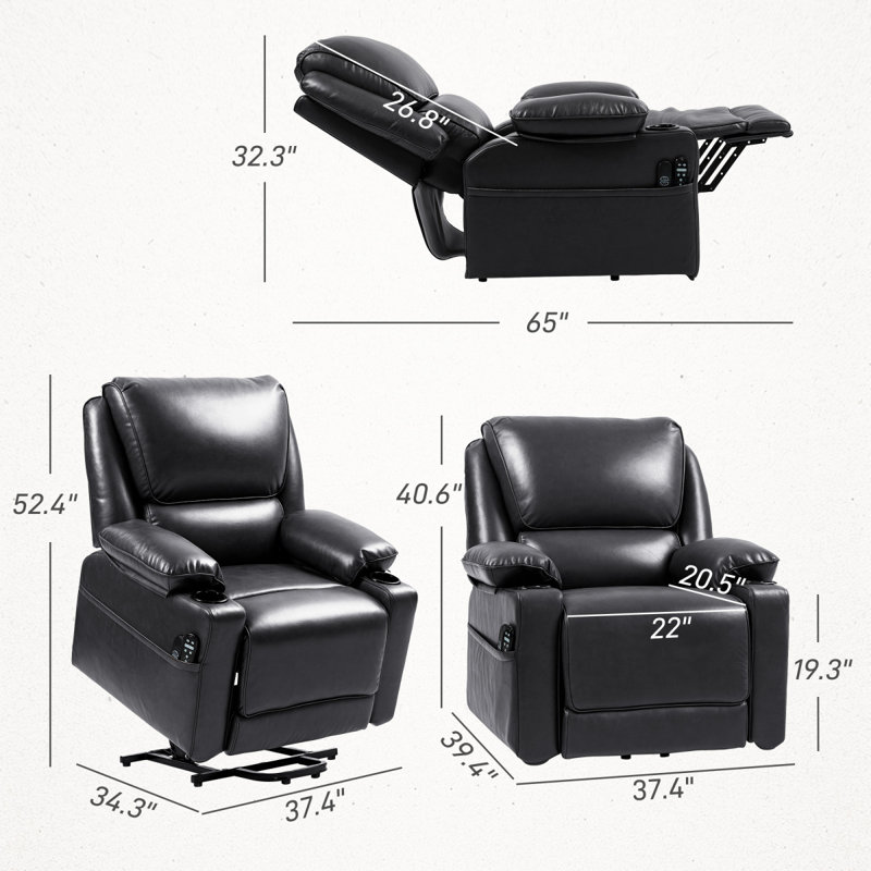 Fauteuil inclinable électrique en similicuir pour personnes âgées avec télécommande, noir