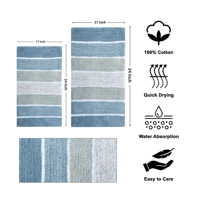 Ensemble de 2 tapis de bain à rayures antidérapants 100% coton Cervantes, Bleu, 21''x34''/17''x24''