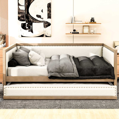 Daybed With Trundle & Practical Linen Upholstery Full Upholstered Trundle, Linen, Wood Frame