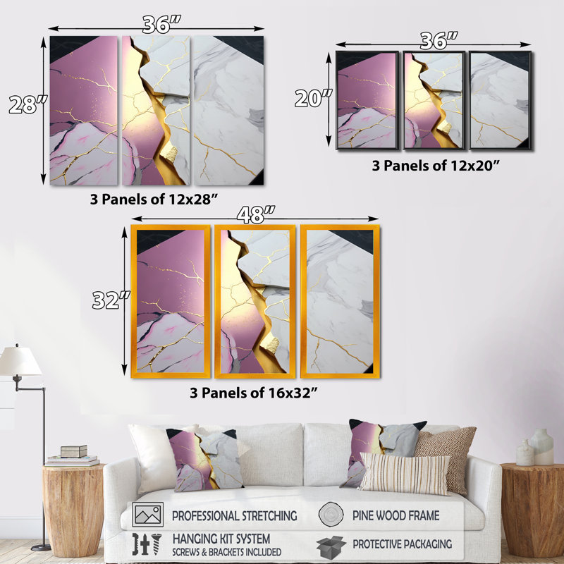 «Abstract Geode Pink III», reproduction sur toile flottante 3 pièces, H 28 po x l 36 po x P 1 po, Noir