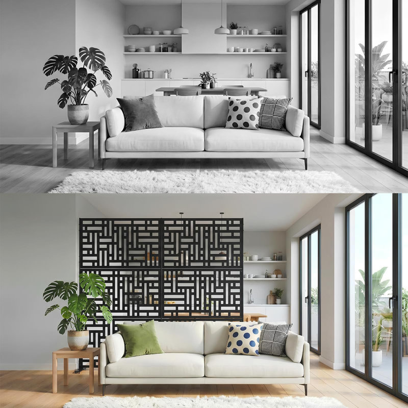 Outdoor Privacy Screen 70-Inch 3-Panel – Geometric design – Black, Black