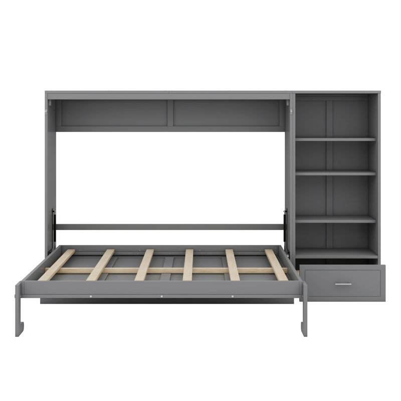 Lit escamotable avec compartiment de rangement et tiroir, Gris