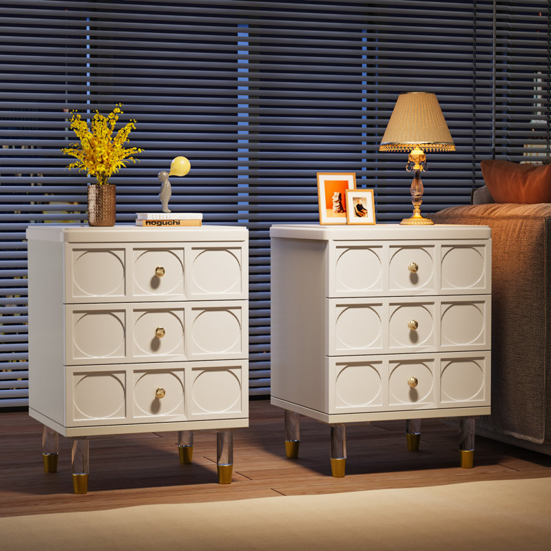 3-Drawer Modern Nightstands with Acrylic Legs, Set of 2, White