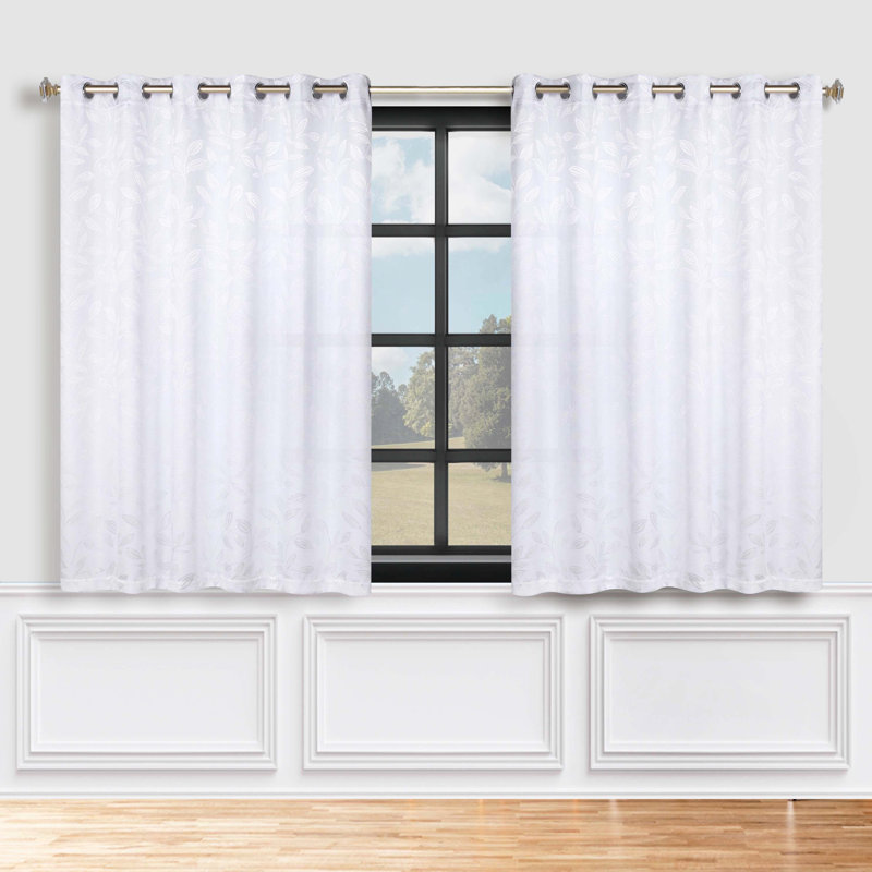 Finklea Floral Pattern Polyester Light Filtering/Room Darkening Rod Pocket Curtain Panels, 52" W x 63" L, White/White