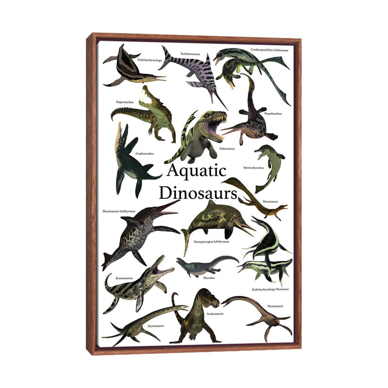 «Aquatic Dinosaurs» par Corey Ford - impression d'art graphique, H 40 po x l 26 po x P 1,5 po, Toile avec cadre brun
