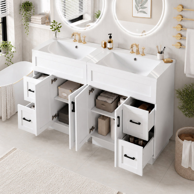 Ensemble de meuble-lavabo avec tiroirs et tablettes réglables et lavabos (comprend 2 meubles-lavabos), Blanc et noir