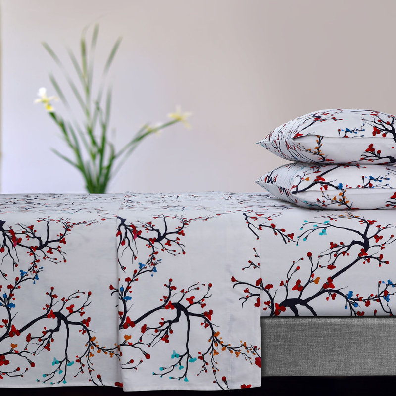 King Blue Floral Cotton Flannel Deep Pocket Sheet Set