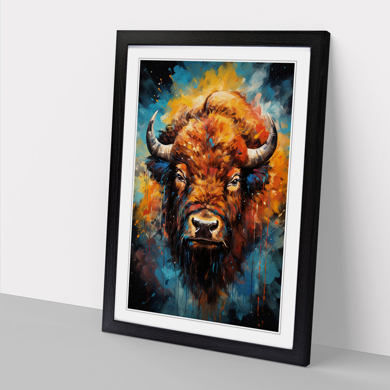 Bison Abstract - Single Picture Frame Print on Wood, 46cm H x 34cm W x 2cm D, Black Framed