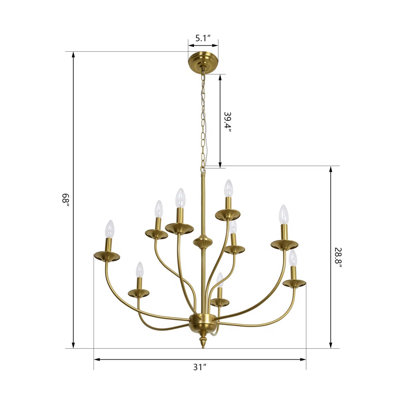 Lustre en métal 9 lumières à deux niveaux de style bougie avec ampoules réglables (non incluses)