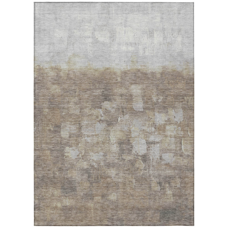 Taupe And Silver Abstract Washable Indoor Outdoor Area Rug, Rectangle 3' x 5'