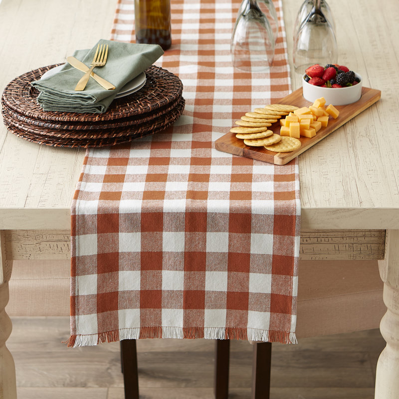 PALE MAUVE HEAVYWEIGHT CHECK FRINGED TABLE RUNNER 14X72, 108" L x 14" W, Cinnamon