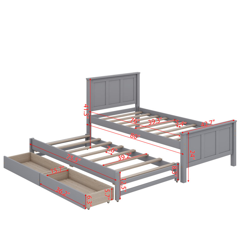 Lit plateforme simple avec lit gigogne et tiroirs Herline, gris