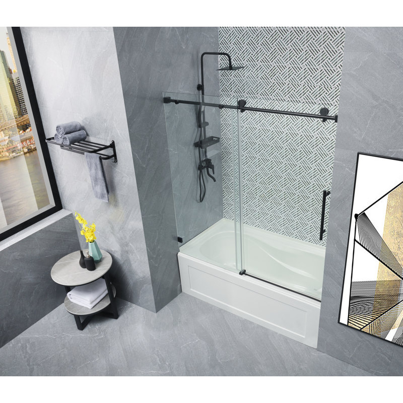 60'' - W x 62'' H Single Added Door Frameless Tub Door with, Black