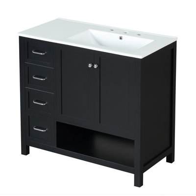 Meuble-lavabo 36 po avec comptoir d'évier, meuble-lavabo avec deux portes et deux tiroirs, bois massif, tablette ouverte, panneaux de fibres à densité moyenne