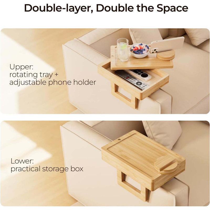 Mini Couch Arm Table For Narrow Armrest, Bamboo Sofa Arm Tray With Storage Box, Rotating Tabletop & Phone Stand, Adjustable Sofa Arm Table Clip For Snacks Or Dining, Width Of Armrest 1-7 Inch