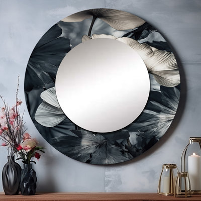 Olgay Tropical Ginkgo Leaves I - grand miroir à feuilles, miroir mural rond gris, reproduction d'art en métal
