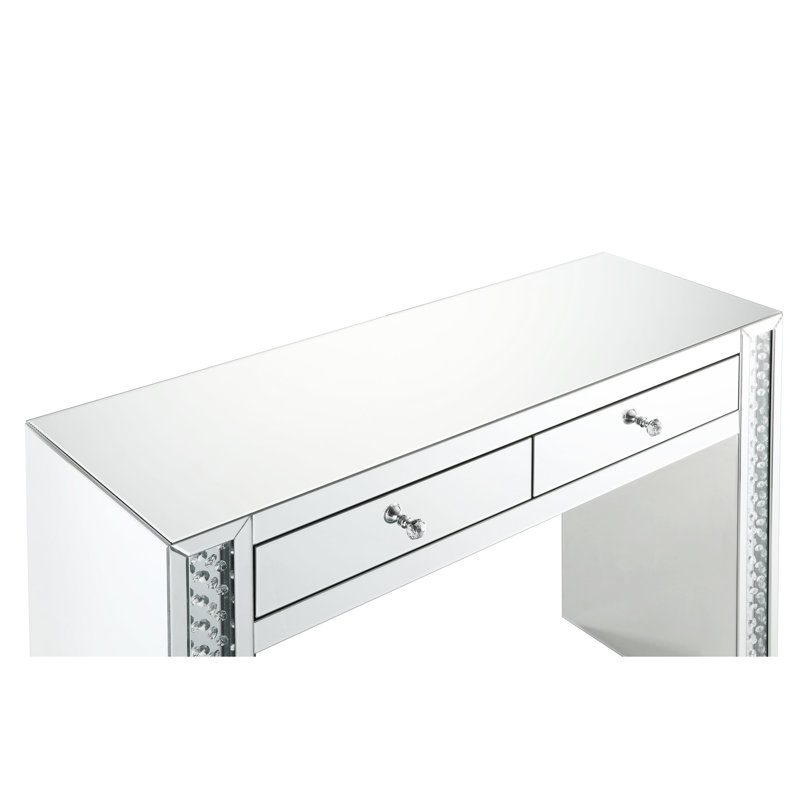 Bureau de coiffeuse, tabouret, finition miroir, base de traîneau, verre transparent, faux cristaux, bureau à tiroirs et tabouret, base avec incrustation de verre de 4 mm, 2 tiroirs, miroir biseauté, longueur de 47 po