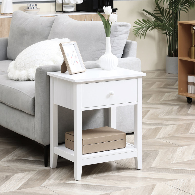 Table de bout à 2 tiroirs, table de bout moderne blanche pour chambre à coucher, hauteur 23,5 po avec tablette, hauteur 23,5 po
