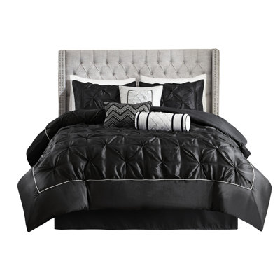 Édredon 7 pièces très grand noir - literie de conception complète lavable à la machine avec édredon, taies décoratives, coussins et garniture de jupe de lit 2 3 coussins, 1 essentiel de chambre à coucher