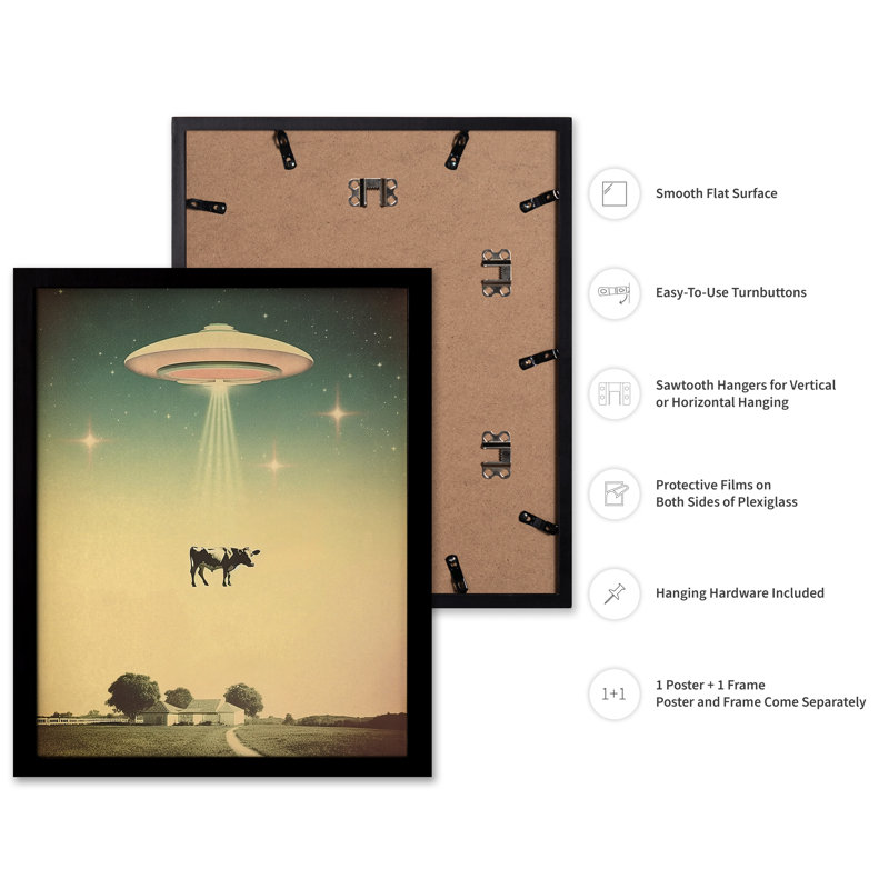 Enlèvement de vache UFO, 08"H x 10"W, Poster, Black Framed