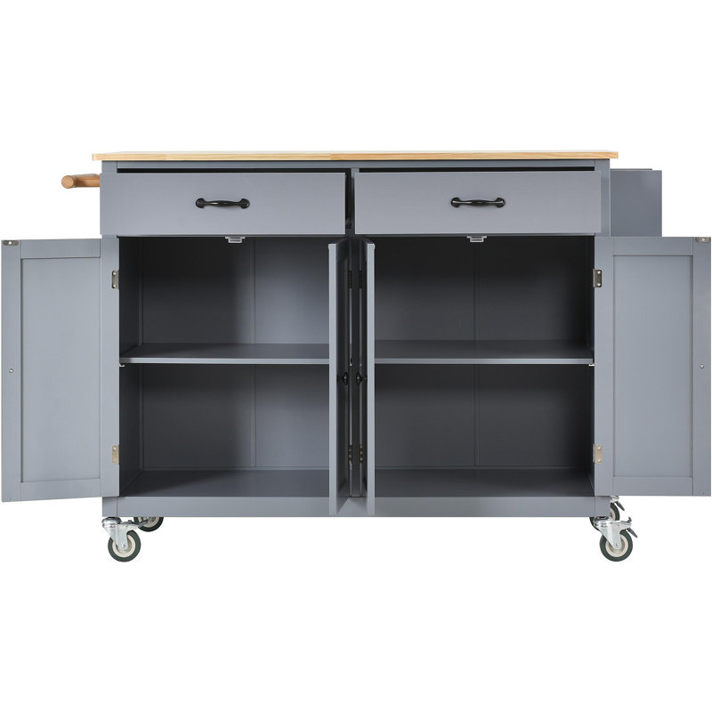 Chariot pour îlot de cuisine avec plateau en bois massif et roues verrouillables, largeur de 54,3 pouces, armoire à 4 portes et deux tiroirs, support à épices, support à serviettes (gris bleu)